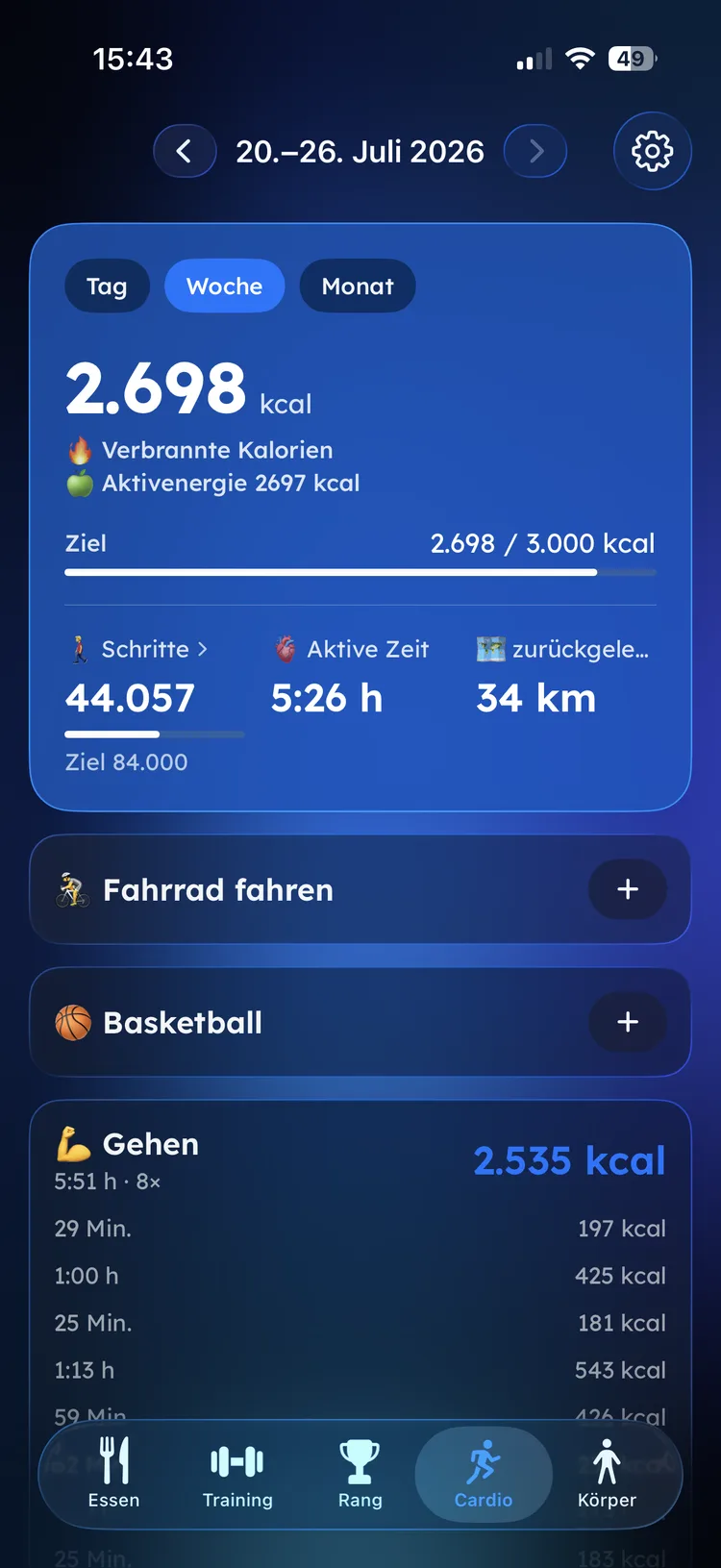Cardio- und Schritte-Wochenübersicht in Fitaino
