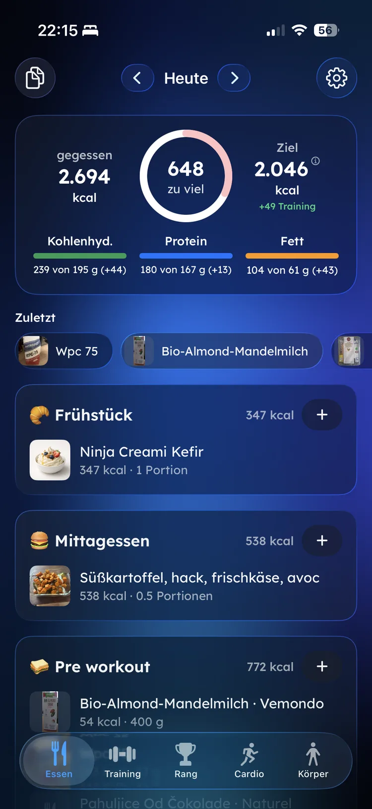 Fitaino Ernährungstagebuch mit Kalorienring und Makros
