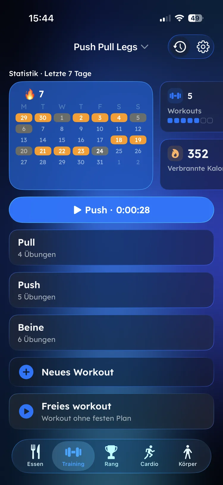 Trainingsplan mit Streak-Kalender in Fitaino